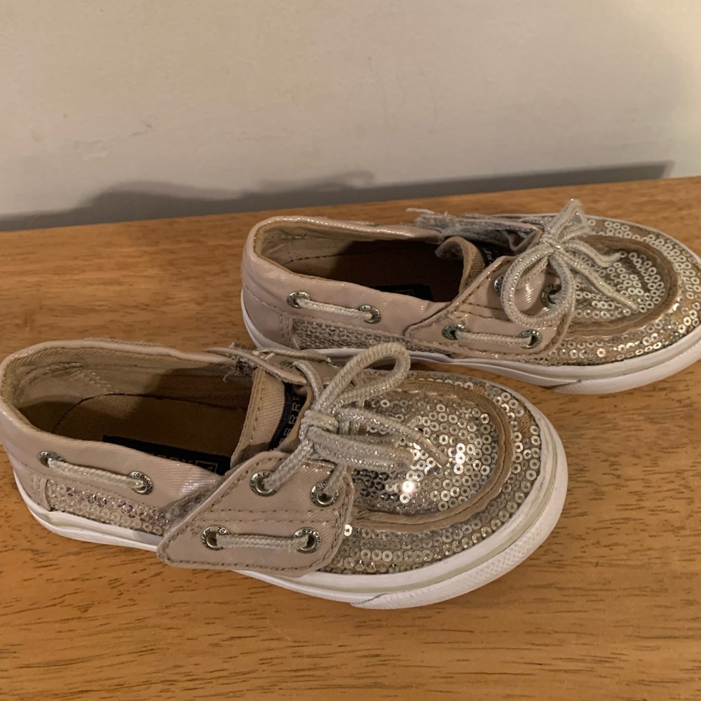 Sperry Bahama Jr Silver Top Sliders Velcro Gold Sequin Toddler Size 8.5M - Picture 2 of 8